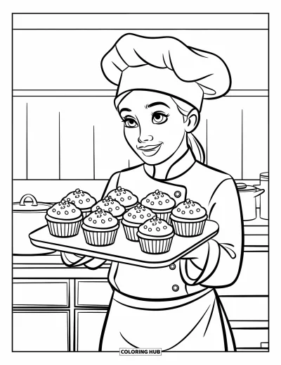 Desen de colorat cu bucătari pentru copii: Un bucătar pune o tavă de cupcakes pe blat