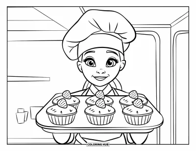Desen de colorat cu bucătari pentru copii: Un bucătar prezintă muffins garnisiți cu căpșuni