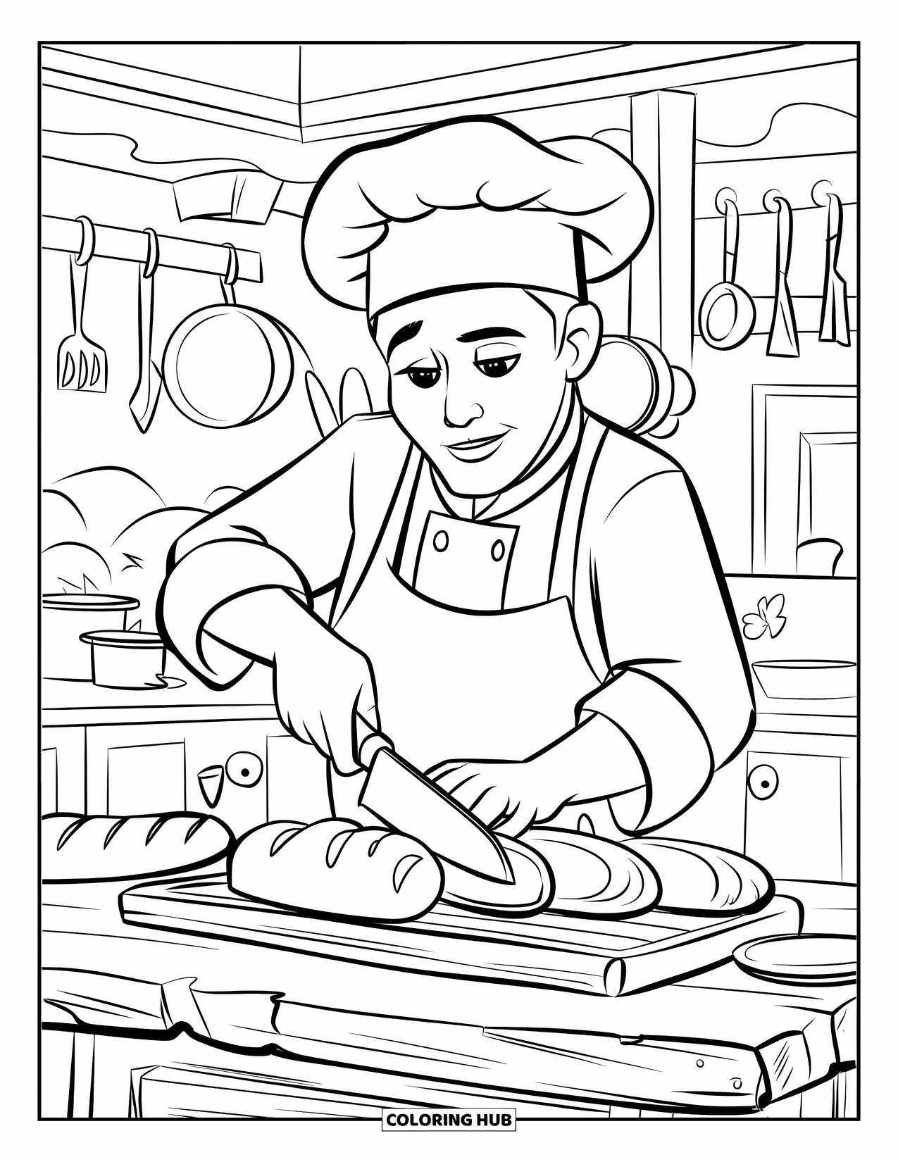 Chef Coloring Page for Kids: A chef slices bread on a rustic wooden counter in the kitchen