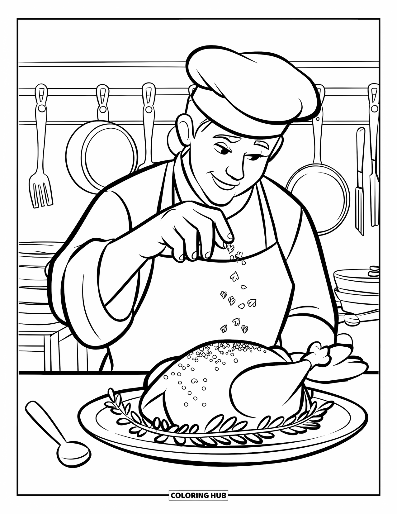 Chef Coloring Page for Kids: A chef sprinkles herbs over roasted chicken in the kitchen