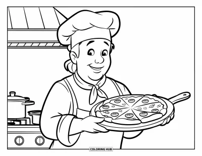 Desen de colorat cu bucătari pentru copii: Un bucătar stă cu o pizza pe o lopată de lemn zgâriată