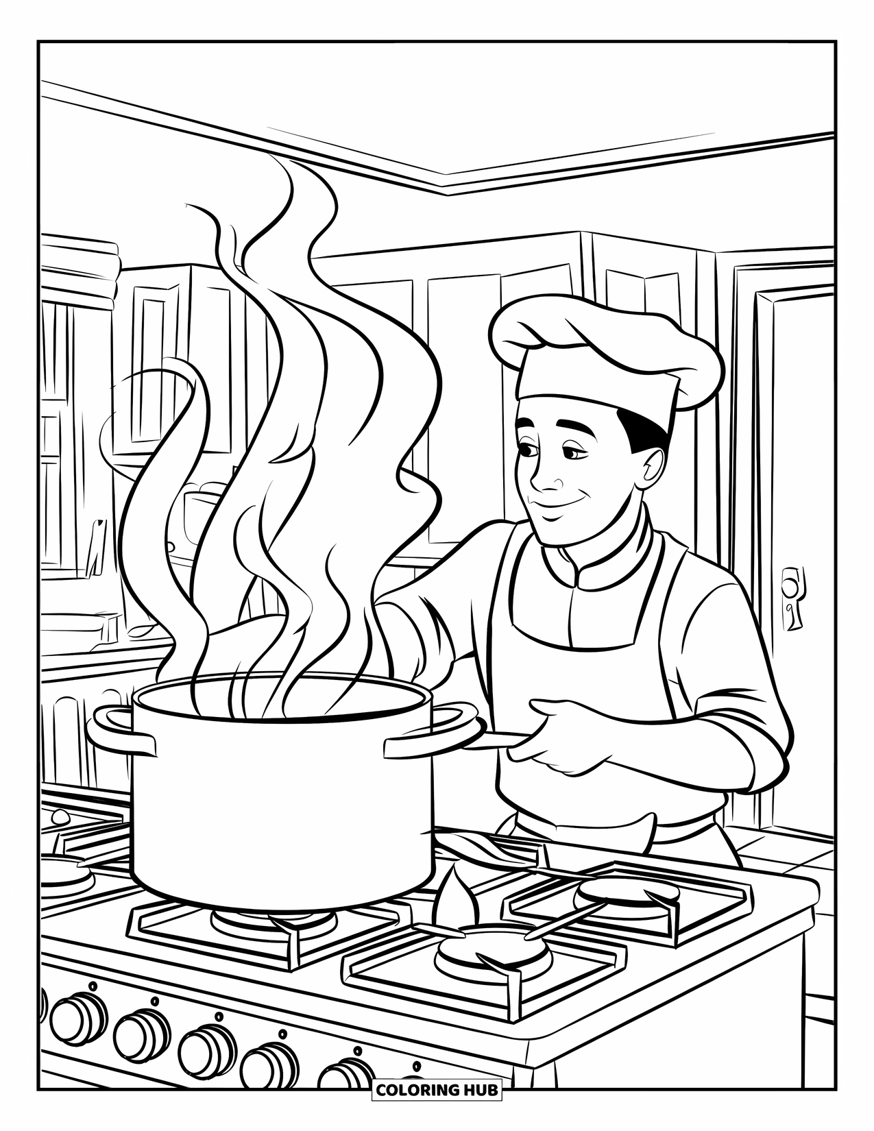 Chef Coloring Page for Kids: A chef stirs a steaming pot on a stove with burners