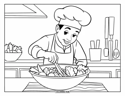 Desen de colorat cu bucătari pentru copii: Un bucătar amestecă salată cu lăptucă, morcovi și roșii într-un bol