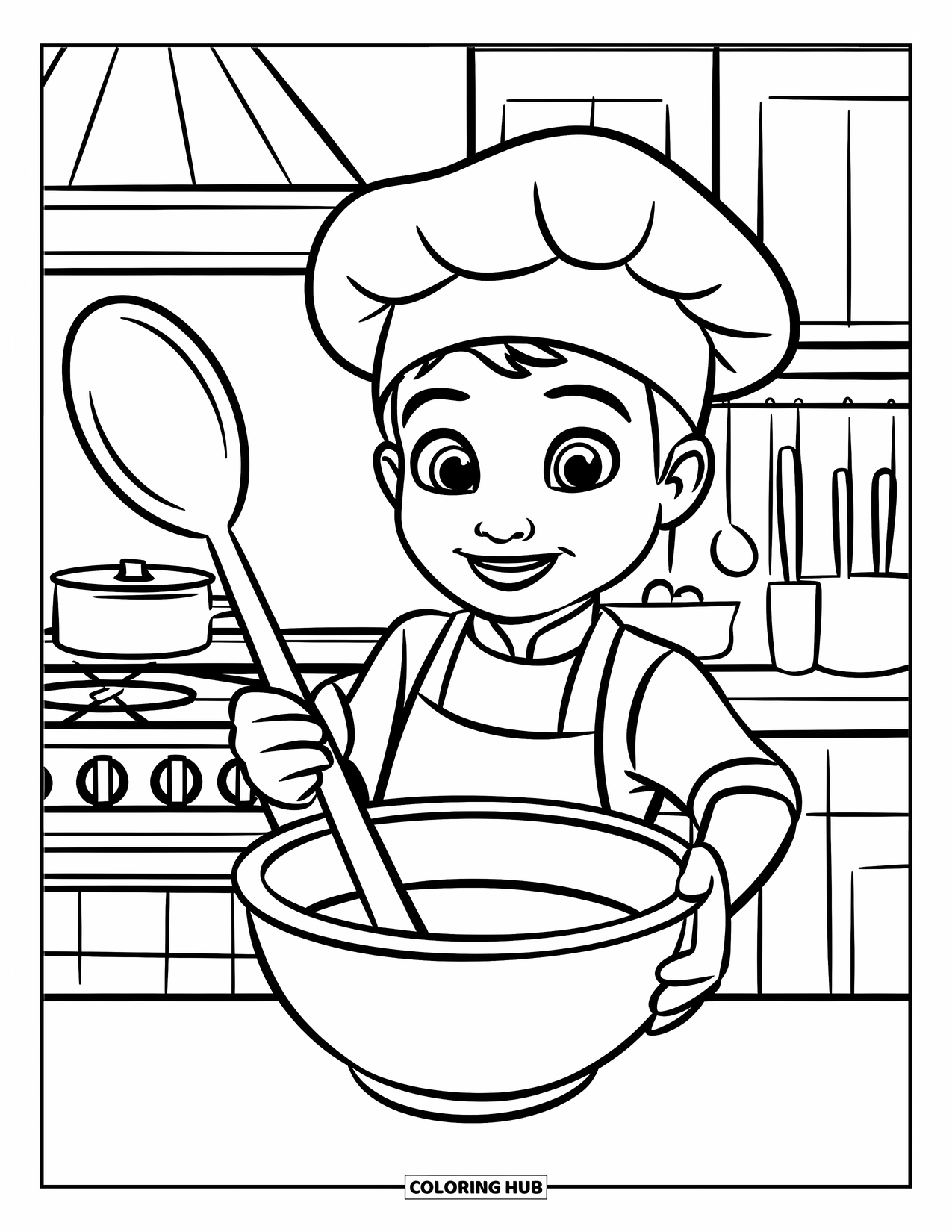 Chef Coloring Page for Kids: A smiling chef stands with a spoon beside a mixing bowl