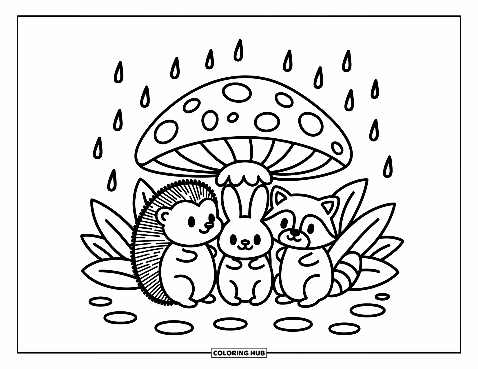 Chibi Animal Coloring Page for Adults: Adorable forest friends hide under a mushroom cap as raindrops fall softly