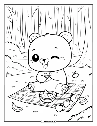 Tegning af chibi-dyr til voksne: Bjørn på en stamme spiser frugt nær høje træer på en skovpicnic