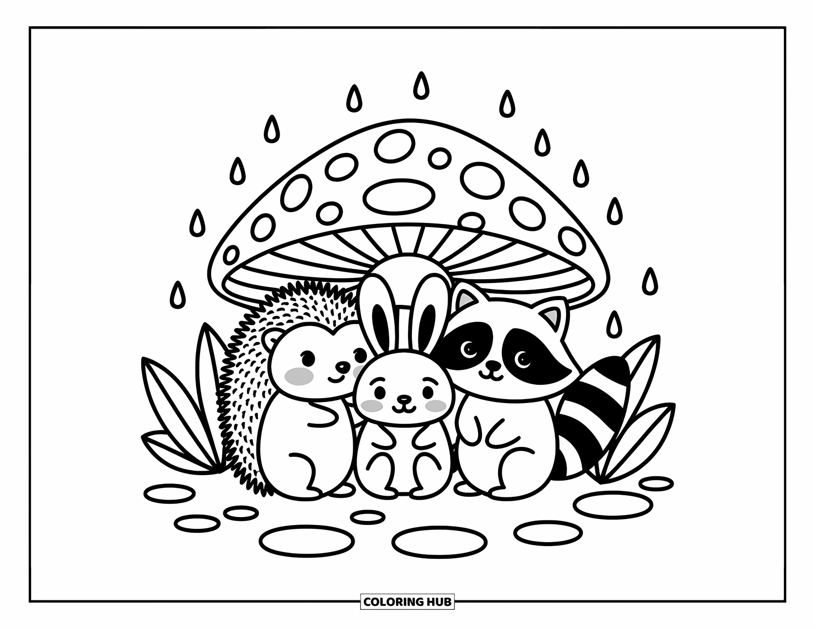 Chibi Animal Coloring Page for Adults: Bunny, hedgehog, and raccoon snuggle beneath a giant mushroom in the rain