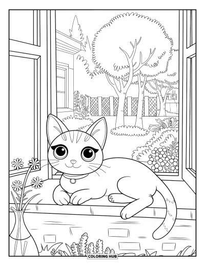 Tegning af chibi-dyr til voksne: Kat med halsbånd kigger fra en stensmokkeri ud over en indhegnet have