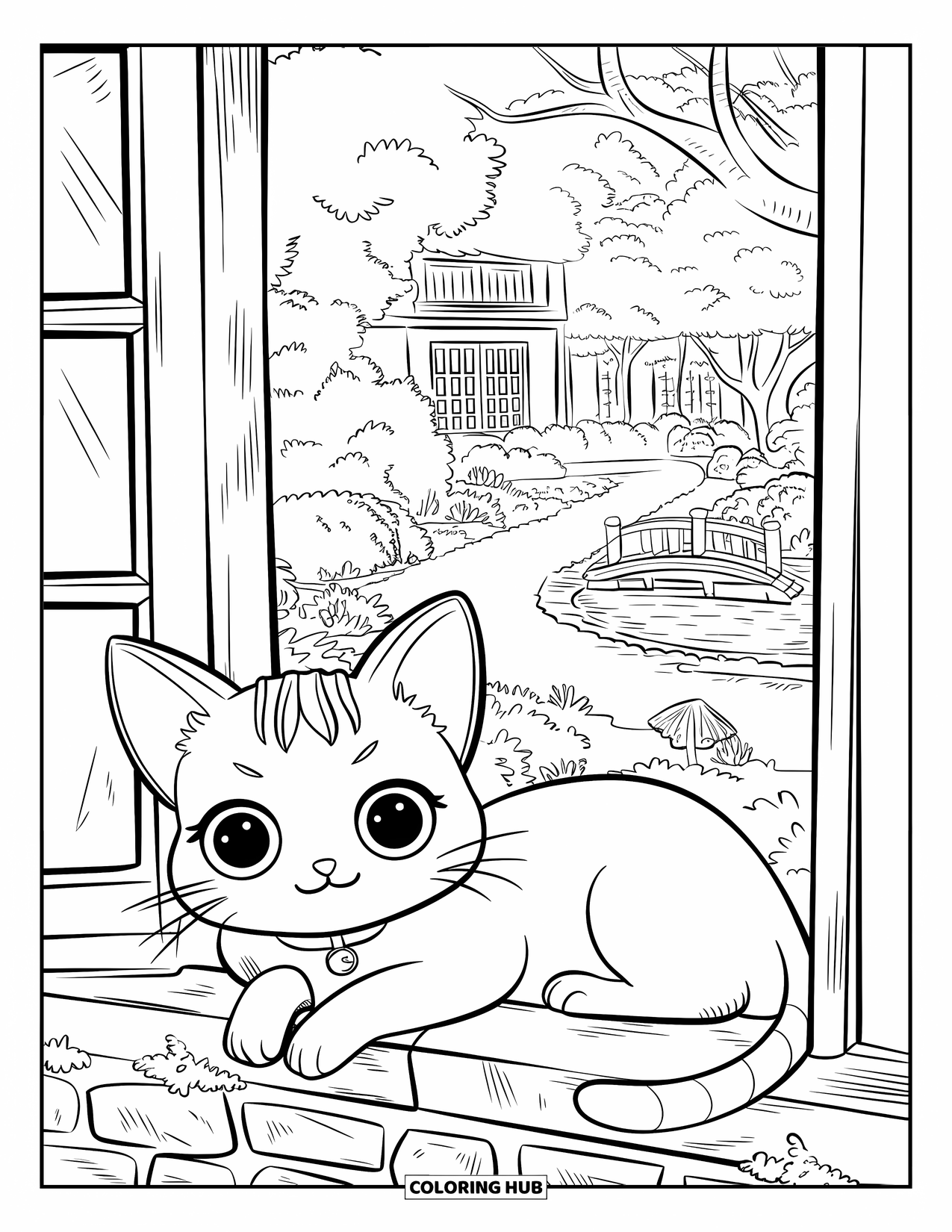 Chibi Animal Coloring Page for Adults: Cat with big eyes rests on a mossy windowsill near a garden pond