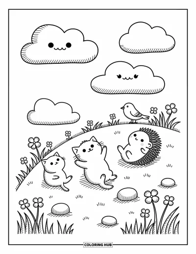 Tegning af chibi-dyr til voksne: Søde venner ligger på en bakke og kigger op på himlen med vilde blomster rundt om