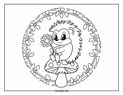 Tegning af chibi-dyr til voksne: Sødt pindsvin sidder på en svamp og holder en bellis inden for en blomsterramme
