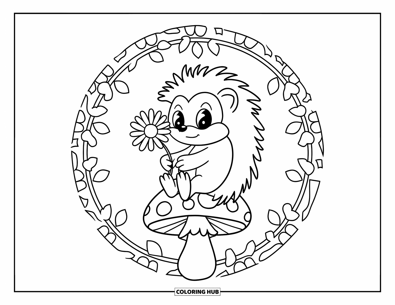 Chibi Animal Coloring Page for Adults: Cute hedgehog sits on a mushroom holding a daisy within a floral frame