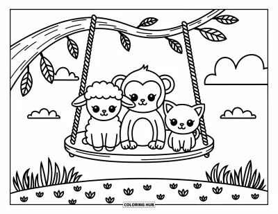 Tegning af chibi-dyr til voksne: Sødt lam, abe og killing svinger blidt fra en gren over blødt græs