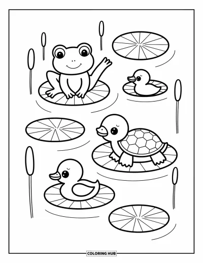Tegning af chibi-dyr til voksne: Frø strækker sig, ælling klæbes til, og skildpadde kigger op mod himlen i en fredfyldt dam
