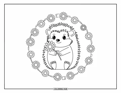 Tegning af chibi-dyr til voksne: Pindsvin holder en bellis mens det sidder inden i en blomstercirkel