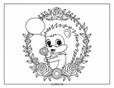 Tegning af chibi-dyr til voksne: Pindsvin i tørklæde holder en bellis omgivet af blomster og blade