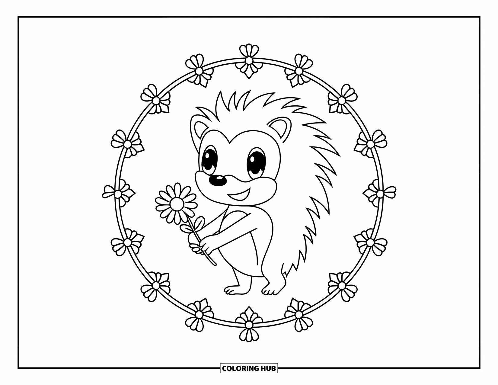 Chibi Animal Coloring Page for Adults: Hedgehog with a daisy stands in the center of a detailed floral circle