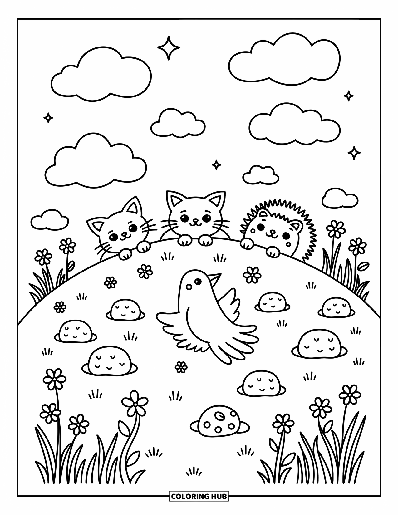 Chibi Animal Coloring Page for Adults: Kitten, hedgehog, and bird lie on a grassy hill watching puffy clouds