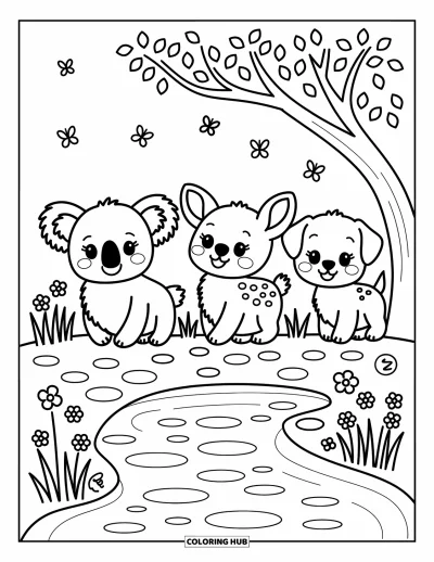 Tegning af chibi-dyr til voksne: Koala, rådyrkalv og hvalp spaserer langs floden med sommerfugle og højt græs