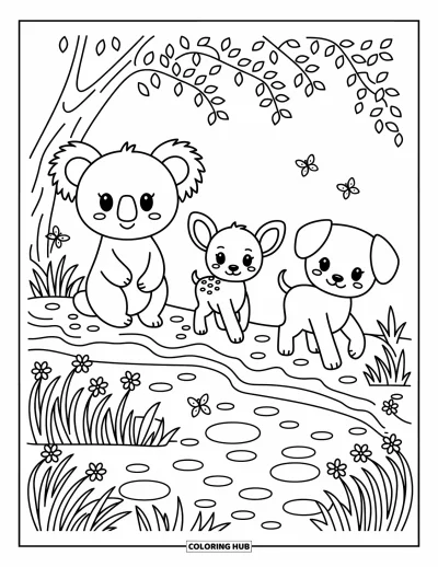 Tegning af chibi-dyr til voksne: Koala, rådyrkalv og hvalp går forbi sten, græs og flaksende sommerfugle