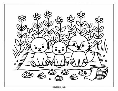 Tegning af chibi-dyr til voksne: Mus, bjørn og ræv deler snacks under høje blomster på en blid mark