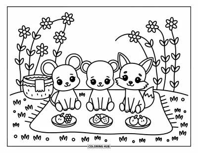 Tegning af chibi-dyr til voksne: Mus, bjørneunge og ræv har frugpicnic på et hyggeligt tæppe på marken