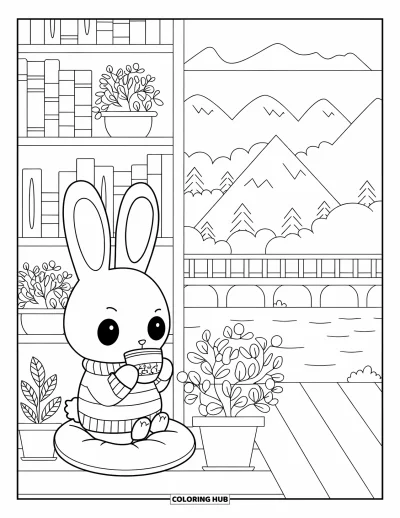 Tegning af chibi-dyr til voksne: Kanin i sweater nipper te ved planter og en fredfyldt bjergbro