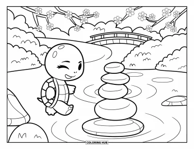 Tegning af chibi-dyr til voksne: Afslappet skildpadde vandrer nær kirsebærblomster og en træbro i en zen-have