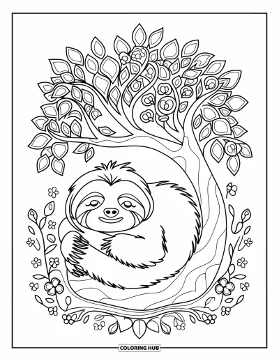 Tegning af chibi-dyr til voksne: Dovendyr sidder fredeligt i meditation under et blomstrende træ