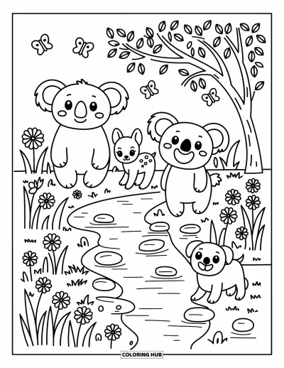 Tegning af chibi-dyr til voksne: Tre søde dyr vandrer ad en sti langs floden med træer og blomster nærved