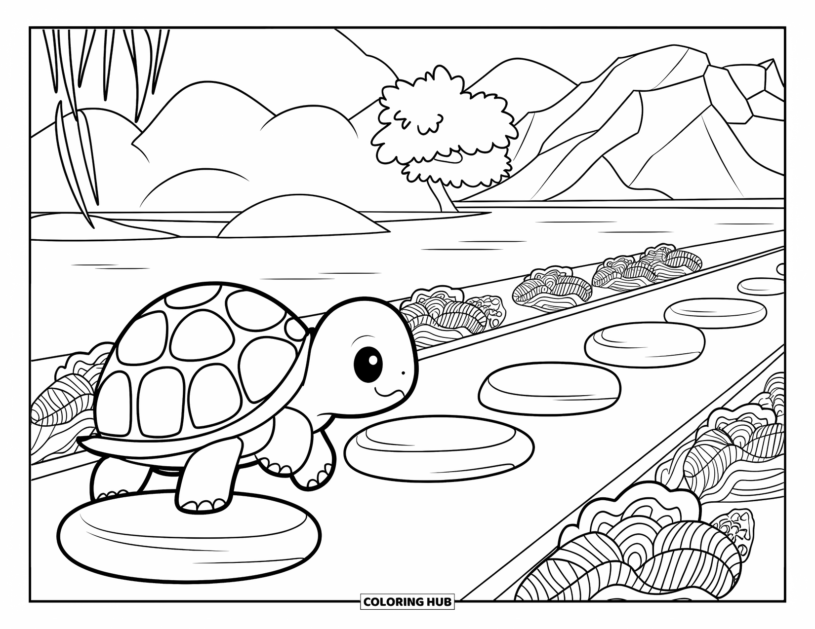 Chibi Animal Coloring Page for Adults: Turtle strolls past balanced stones and trees in a serene zen garden
