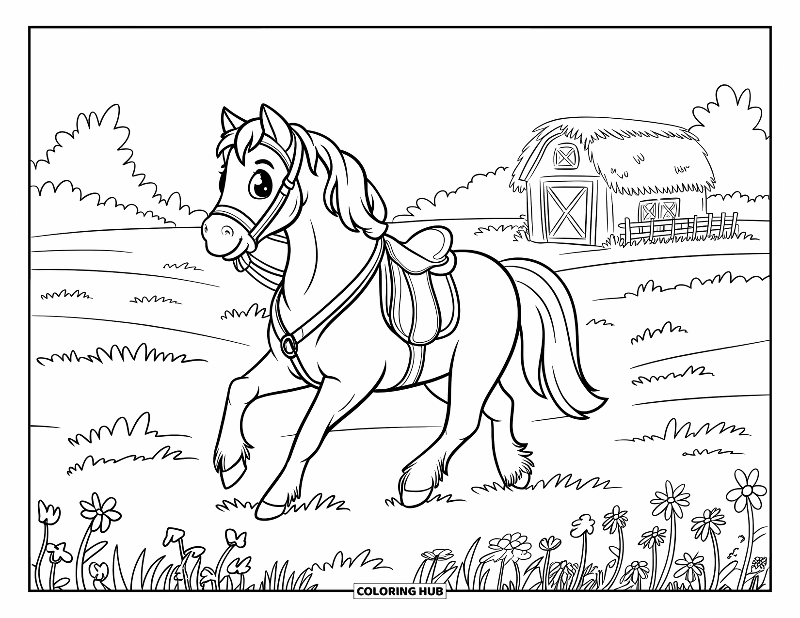 Chibi Animal Coloring Page for Kids: Adorable horse with a saddle trots through wildflowers toward a small barn and fence