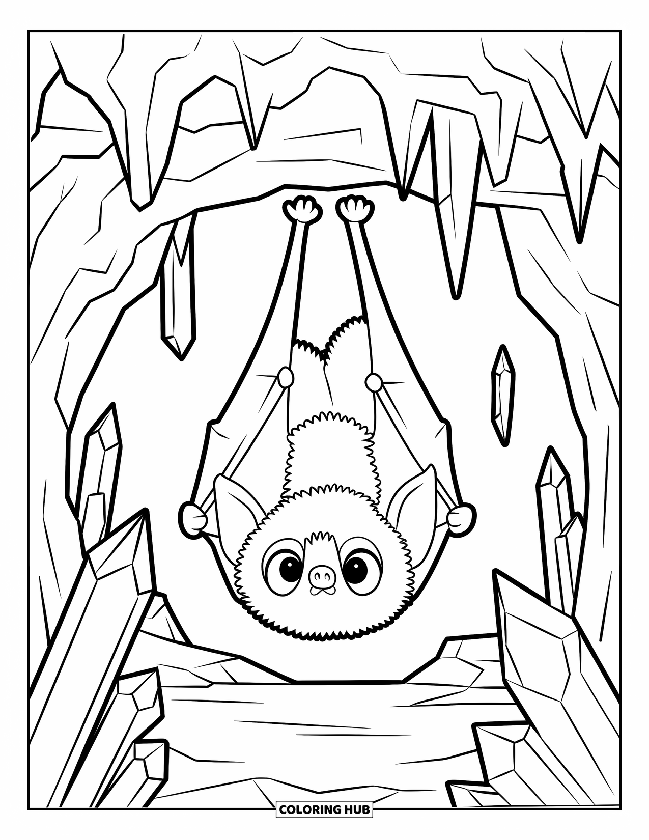 Chibi Animal Coloring Page for Kids: Chibi bat hangs upside-down in a dark cave filled with sparkly crystals