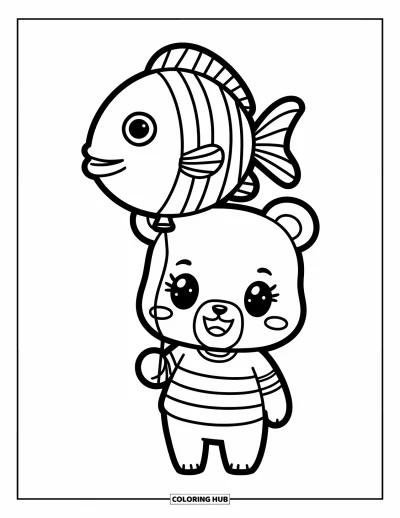 Tegning af chibi-dyr til børn: Chibi-bjørn i stribet trøje holder en ballon formet som en fisk