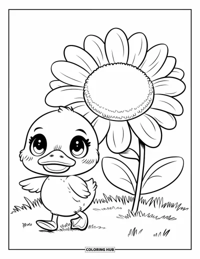 Tegning af chibi-dyr til børn: Chibi-ælling med rundt hoved vadder ved siden af en kæmpestor blomst