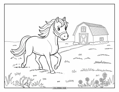 Tegning af chibi-dyr til børn: Chibi-hest traver gennem blomsterfyldt eng med en lille lade i det fjerne