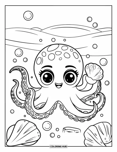 Tegning af chibi-dyr til børn: Chibi-blæksprutte holder en musling omgivet af bobler og muslinger på havbunden