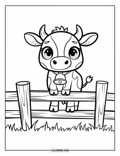 Tegning af chibi-dyr til børn: Ko med store øjne og klokke står stolt på et træhegn