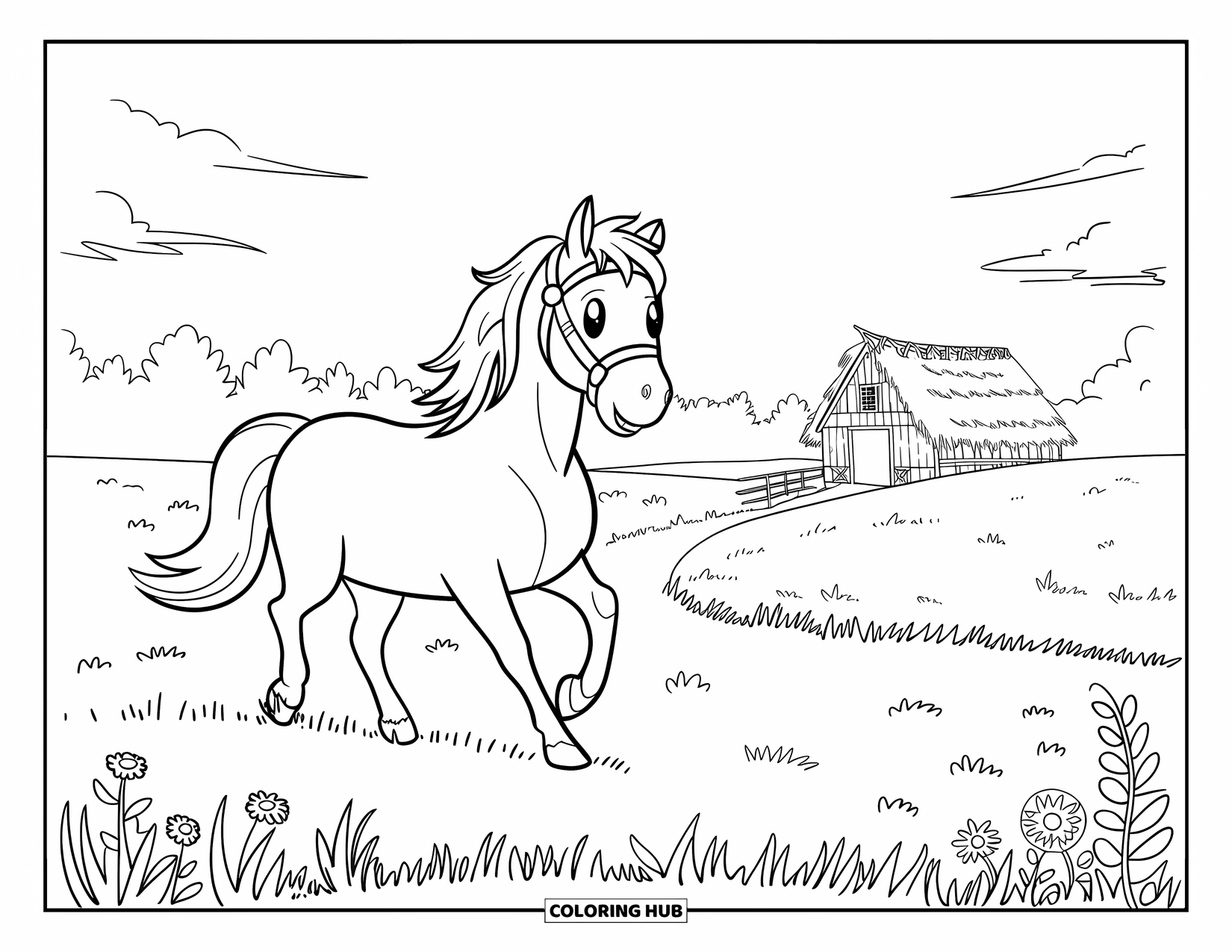 Chibi Animal Coloring Page for Kids: Cute horse with a bridle trotting in a meadow near a tiny thatched-roof barn