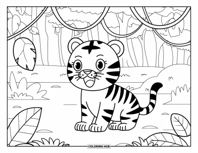 Tegning af chibi-dyr til børn: Sød tiger med åben mund sidder blandt junglelianerne og træerne