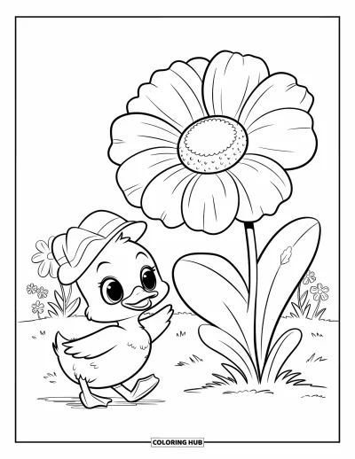 Tegning af chibi-dyr til børn: Ælling med lille hat vadder ved siden af en kæmpeblomst i græsset