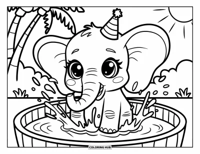 Tegning af chibi-dyr til børn: Elefant i festhat plasker glade i en lille pool under den solrige himmel