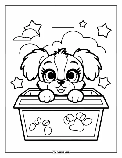 Tegning af chibi-dyr til børn: Fluffy hvalp med store øjne kigger frem fra en legetøjskasse under en sky-himmel
