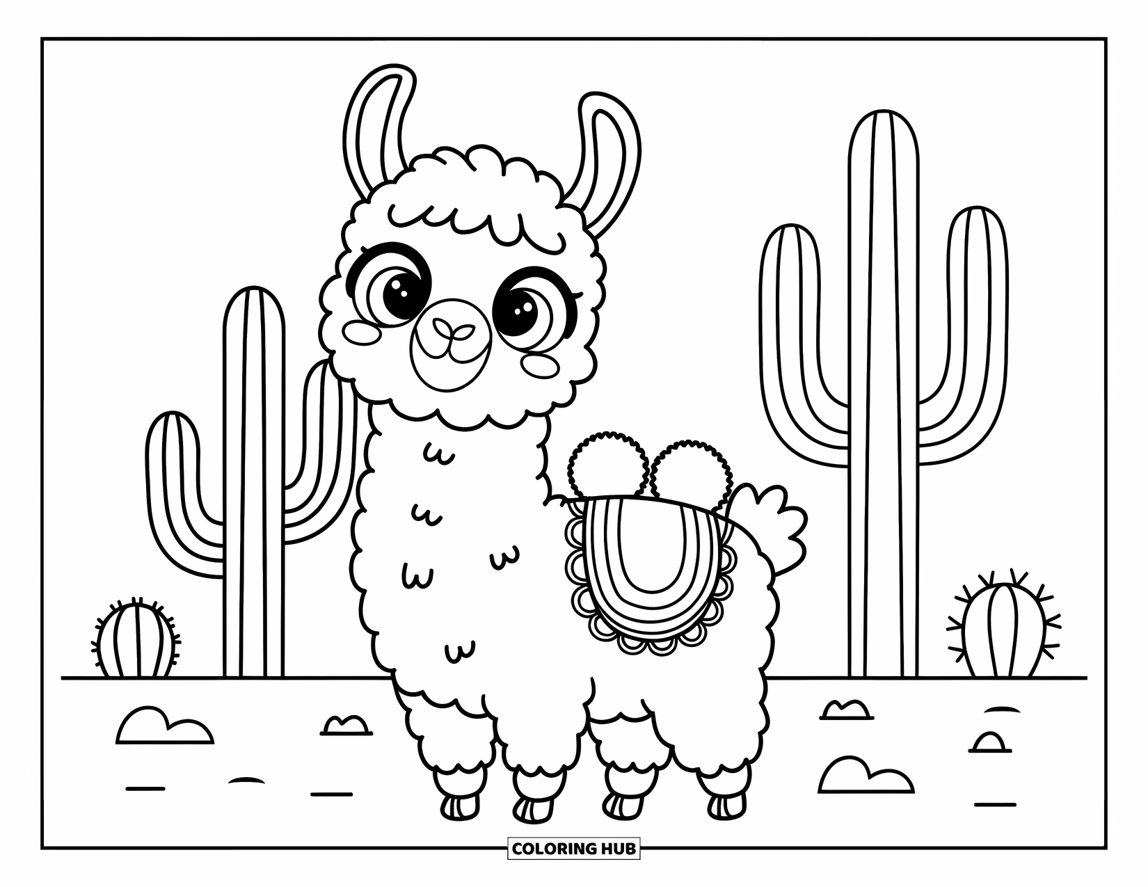 Chibi Animal Coloring Page for Kids: Grinning llama with pompoms stands near cacti and rocks in the desert