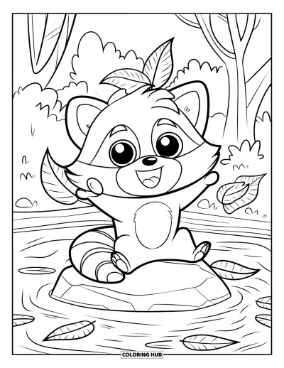 Tegning af chibi-dyr til børn: Glad vaskebjørn med et blad på hovedet sidder nær en stille dam