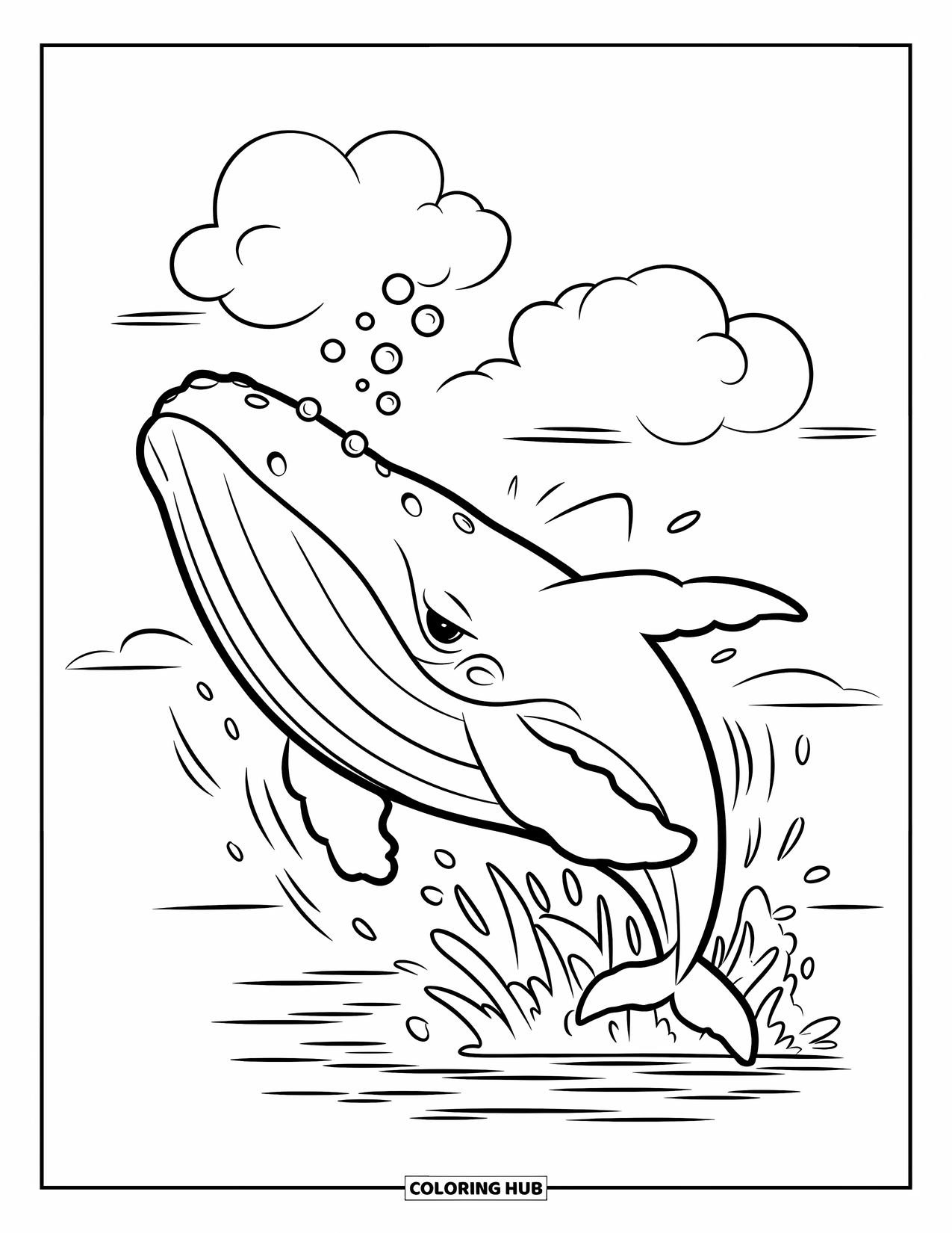 Chibi Animal Coloring Page for Kids: Happy whale leaps from the waves beneath clouds and drifting bubbles