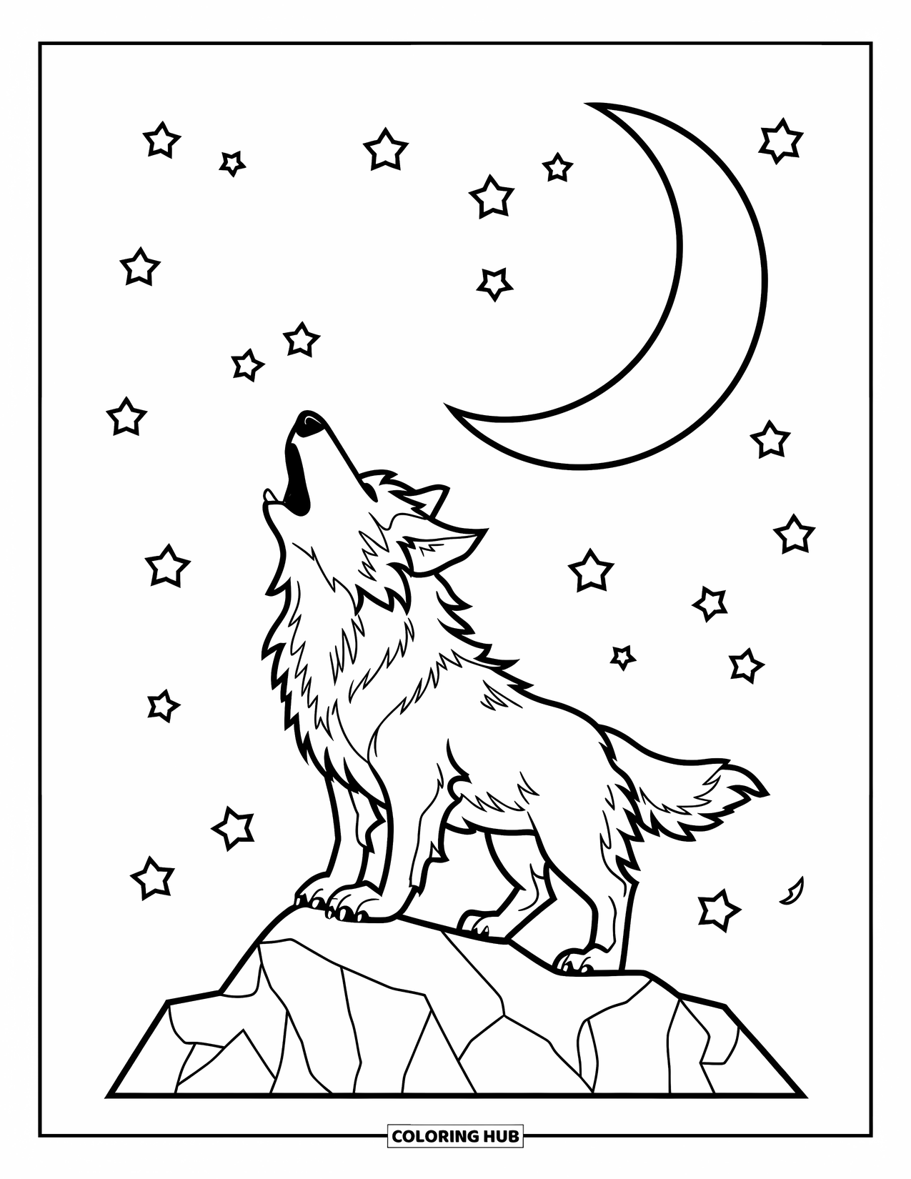 Chibi Animal Coloring Page for Kids: Howling wolf sits on a rock beneath a crescent moon and stars