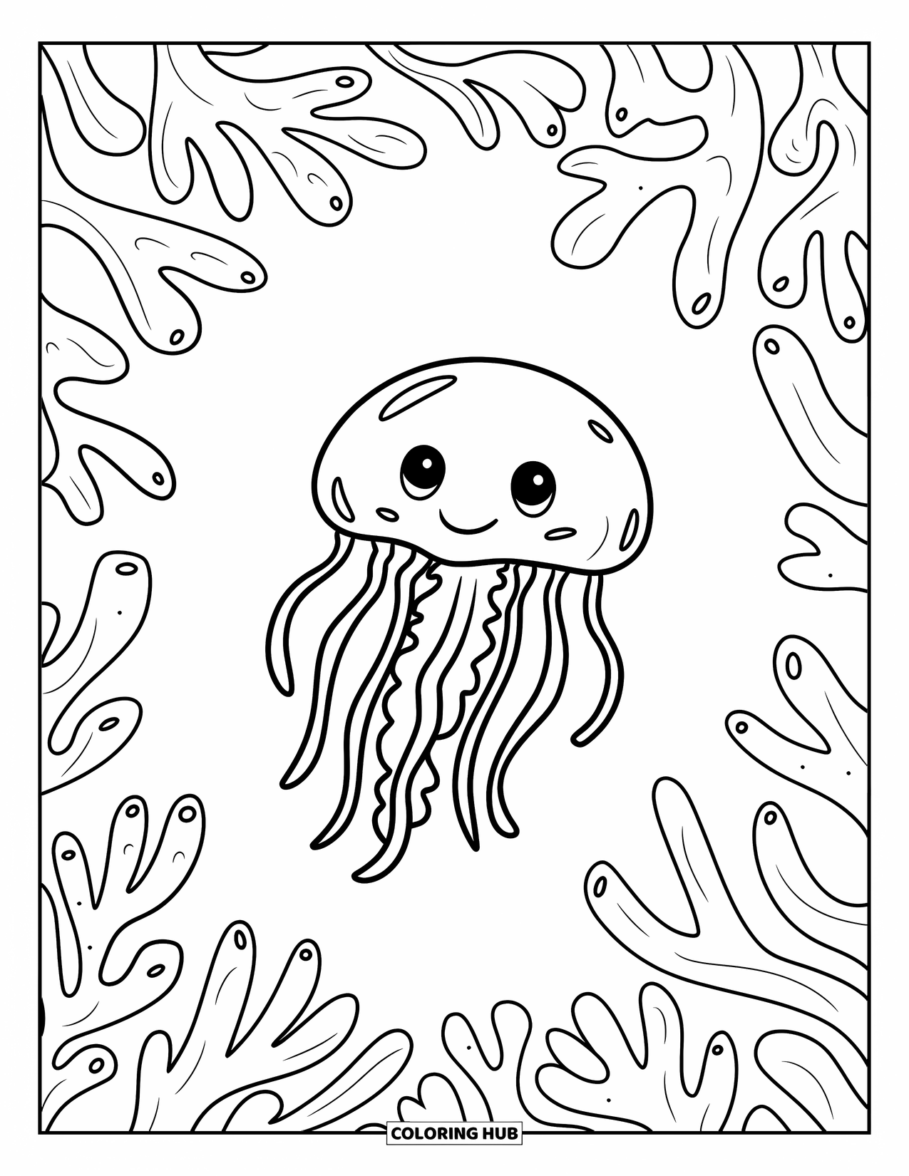 Chibi Animal Coloring Page for Kids: Jellyfish floats through coral branches with soft tentacles and a calm underwater vibe