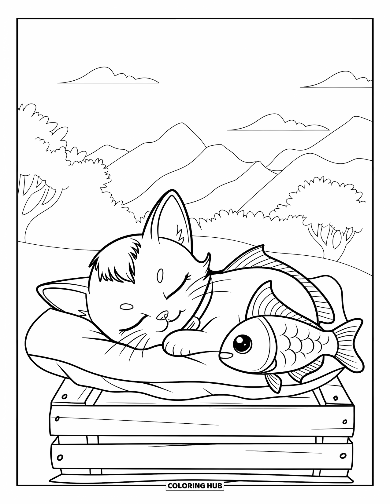 Chibi Animal Coloring Page for Kids: Kitten wearing a collar naps on a pillow and wooden crate near a peaceful view