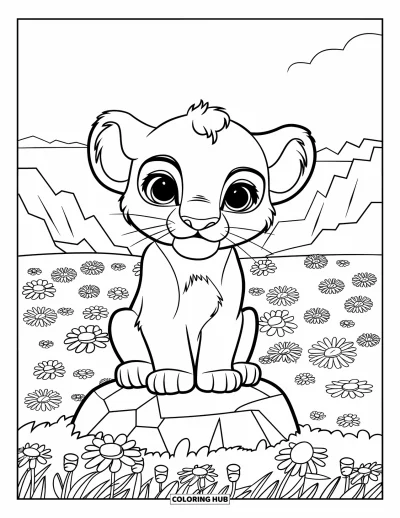Tegning af chibi-dyr til børn: Løveunge sidder stolt på en eng fuld af farverige blomster og solskin
